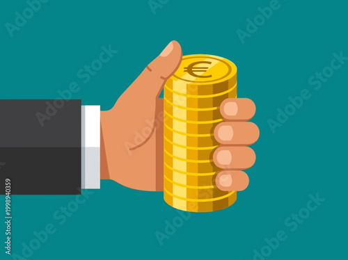 Businessman Hand Holding Stack of Golden Euro Coins for Financial Success and Investment Concept