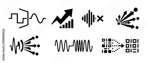Data Processing Icons Set for Digital Technology Analytics and Signal Transformation Concepts, Vector Graphic Elements Representing Information Flow, Signal Modulation, Growth Charts and Binary Code C