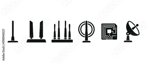 Communication antenna icons set, wireless technology and network signal symbols, internet connectivity collection, satellite dish, router signal, circuit board and transmitter equipment for telecommun