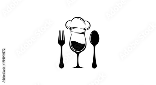 Set of black food and kitchen icons in a clean flat style, including chef hat, cutlery, coffee cup, cupcake, wine glass, fish, carrot, pizza slice, frying pan, and apple. Isolated on white background,