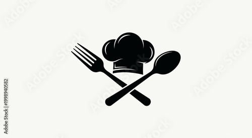Set of black food and kitchen icons in a clean flat style, including chef hat, cutlery, coffee cup, cupcake, wine glass, fish, carrot, pizza slice, frying pan, and apple. Isolated on white background,