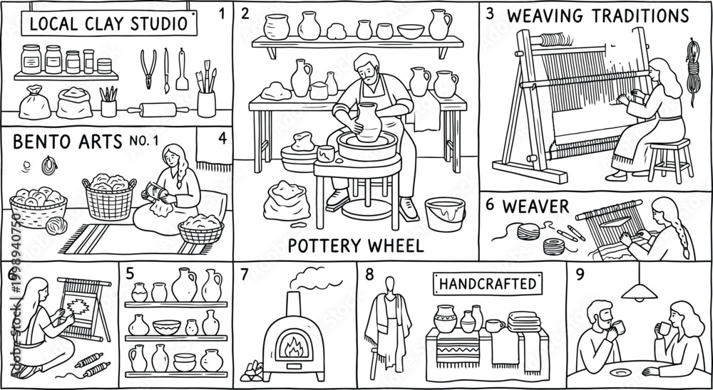 Obraz premium A collection of hand-drawn illustrations depicting various pottery and weaving activities with people and objects.