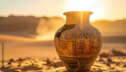 Ancient Egyptian Hieroglyphic Vase Artifact in Desert Sunlight, Showcasing Historical Heritage and Ancient Culture