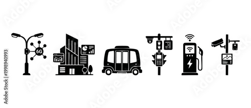Smart City Technology Icons Set - 6G Urban Infrastructure, Autonomous Bus, EV Charging, Surveillance, and Data Connectivity Symbols for IoT Digital Development and Future Metropolitan Planning Concept