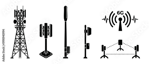 Telecommunication Tower and 6G Network Icons Set, Wireless Infrastructure Antennas and Cellular Signal Transmission Equipment, Digital Connectivity Technology Vector Collection for Communication Syste