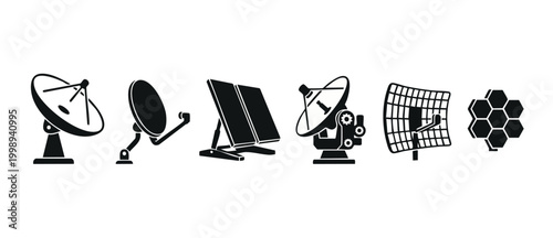 Satellite Dish Antenna Icon Set, Telecommunication Technology Symbols for Global Communication, Signal Transmission and Data Networking Systems in Minimalist Black and White Vector Graphic Illustratio