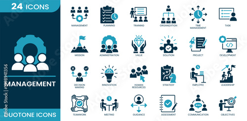 Management icon set. Planning, management, organization, strategy, leadership, communication, project, decision making, human resources. Duotone vector icons.
