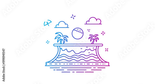 Tropical Island Paradise Sunset with Palm Trees and Ocean Waves - Gradient Illustration