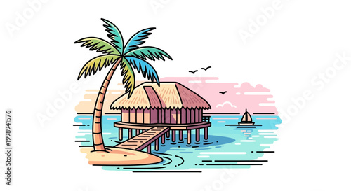 Tropical Overwater Bungalow with Palm Tree on Sandy Beach, Sailboat in Ocean
