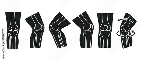 Knee Joint Anatomy Set Icons, Human Leg Skeleton Movement and Flexion Vector Graphics, Orthopedic Medical Illustration for Patient Education, Joint Range of Motion and Physical Therapy Exercise Diagra