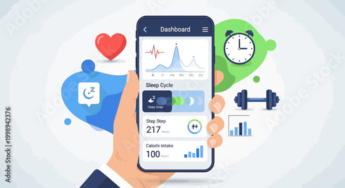 Mobile phone with health and fitness app on screen.