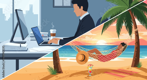 Contrasting lifestyles of work and relaxation.