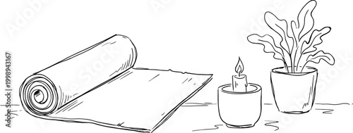 Cuadro en lienzo Rolled yoga mat with potted plant and burning candle on white surface