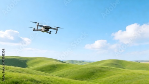 Drone flying over green hills