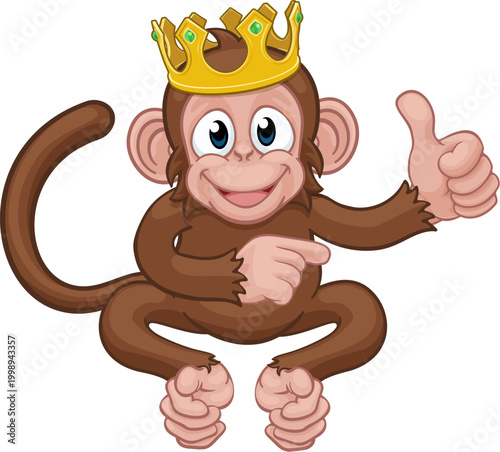 A monkey king cute happy cartoon character animal wearing a crown giving a thumbs up and pointing
