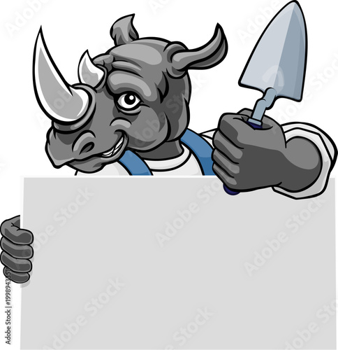 A bricklayer rhino handyman cartoon construction mascot character holding a trowel tool