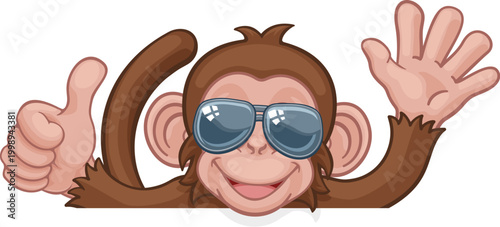 A monkey cool cartoon character animal wearing sunglasses peeking over a sign waving and giving a thumbs up.