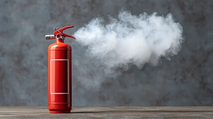 Red fire extinguisher with smoke emitting from nozzle on wooden surface against a textured gray background, safety equipment for fire prevention and emergency response