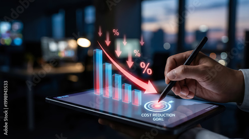 Business person using digital tablet with holographic graph showing cost reduction and financial success
