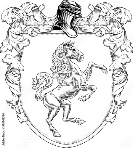 A horse coat of arms or crest family heraldry medieval heraldic knight shield with helmet and acanthus filigree scroll ornament in a vintage woodcut style.