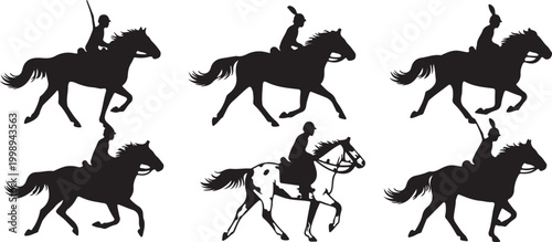 Dynamic silhouettes of riders on horseback in various trotting and movement sequences