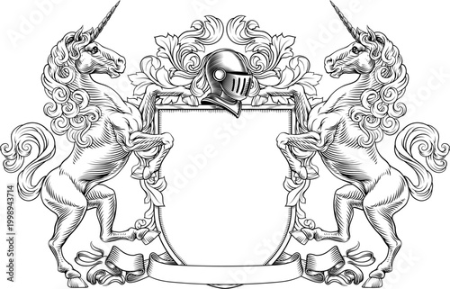 Unicorns coat of arms or crest family heraldry medieval heraldic knight shield with helmet and acanthus filigree scroll ornament in a vintage woodcut style.