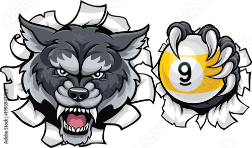 Wolf nine ball pool billiards sports mascot holding a 9 ball cartoon illustration
