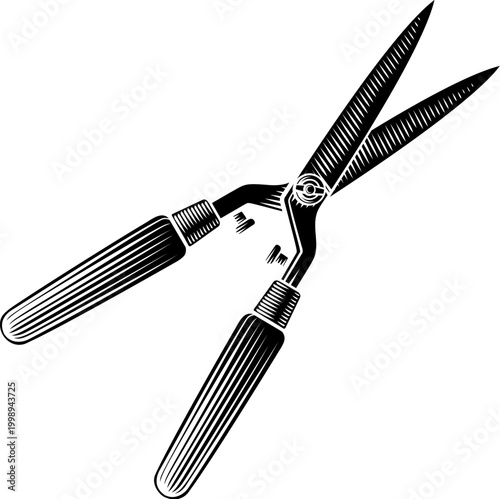 Vintage woodcut style illustration of gardening hedge trimmer shears garden hand tool