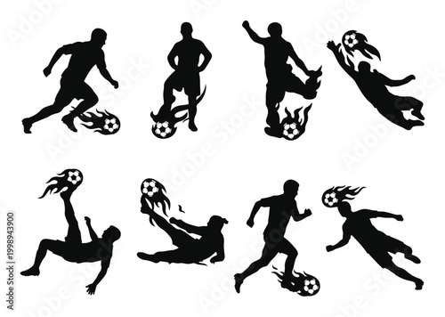 Soccer player silhouettes with flaming fire balls set