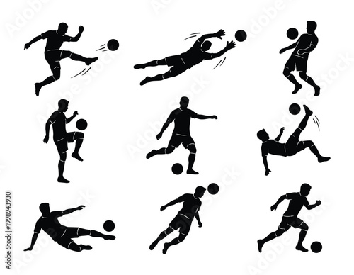 Soccer player silhouettes with flaming fire balls set
