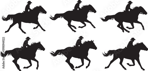 Collection of galloping cowboy and horse silhouettes showing fast action and movement