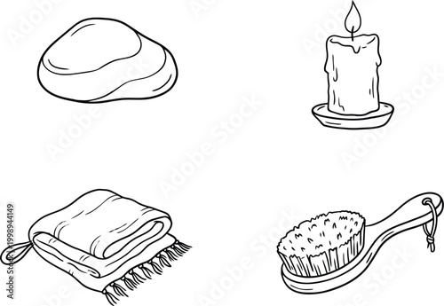 Detailed line art sketches of bathroom essentials including candle and massage brush for spa designs.