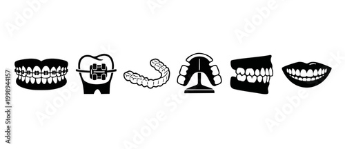 Dental Braces and Orthodontic Treatment Icons Set, Teeth Alignment Solutions and Oral Care Procedures, Mouth Appliances and Dental Health Graphics for Clinics and Professional Dentistry Services Illus