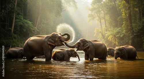 Obraz Elephants, family, playing, river, jungle, wildlife, nature, serene, peaceful, animals