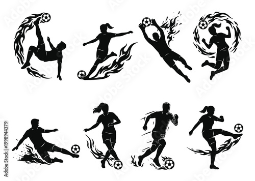 Soccer player silhouettes with flaming fire balls set