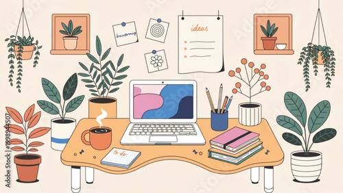 Top view of a cozy home workspace  vector