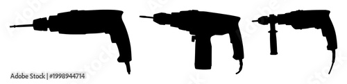 Electric drill set with black silhouette on white background featuring drill, tool, power with wood and metal with mechanical, hardware