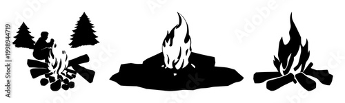 Campfire set with black silhouette against white background featuring fire, smoke, flames with night, wilderness and woodland