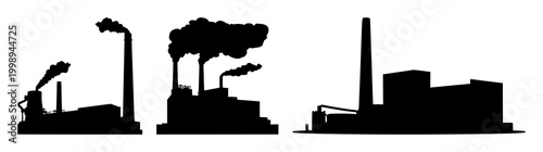 Factory set with black silhouette on white background featuring industrial, machinery, smoke with monochrome and simple line art