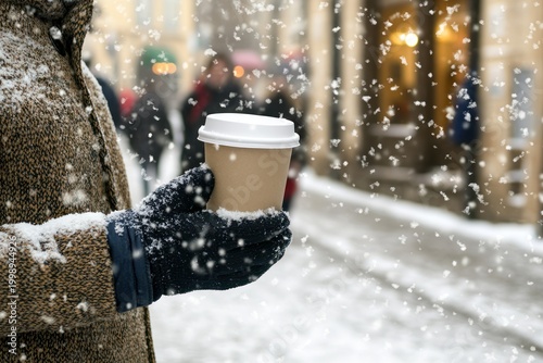 Close-up of a person holding a coffee cup outdoors on a snowy street