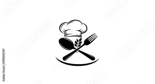 Set of black food and kitchen icons in a clean flat style, including chef hat, cutlery, coffee cup, cupcake, wine glass, fish, carrot, pizza slice, frying pan, and apple. Isolated on white background,