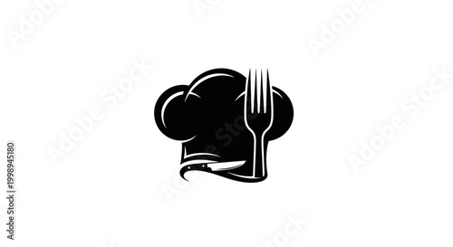 Set of black food and kitchen icons in a clean flat style, including chef hat, cutlery, coffee cup, cupcake, wine glass, fish, carrot, pizza slice, frying pan, and apple. Isolated on white background,