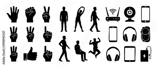 Human Silhouette Icons Set Hand Gestures People Poses and Electronic Devices Vector Collection for UI UX Web Design Infographics and Digital Communication Interface Elements Black Graphic Symbols Isol