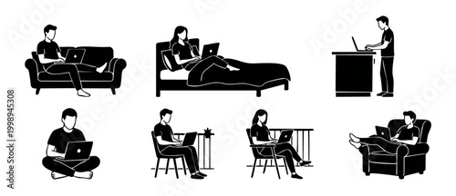 Schilderij op canvas People Working On Laptops Set, Remote Work Lifestyle Flat Vector Icons, Freelanc