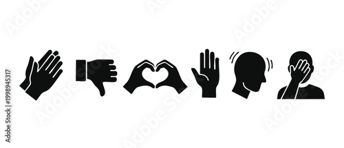 Human hand gestures and emotions icons set, expressing applause, dislike, love heart shape, palm stop, head shaking, and facepalm frustration for communication and feedback user interface design eleme