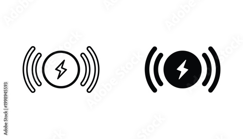 Wireless charging power bolt icon set with circular signal waves in outline and solid black styles for energy and battery technology isolated on white background