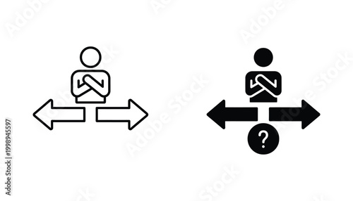 Person with decision making dilemma icon set showing arrows and question mark in outline and solid black styles for choice and direction concepts isolated on white background