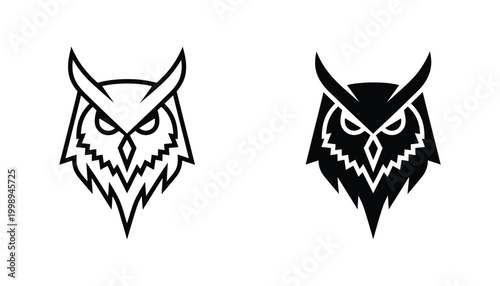 Wise owl head mascot emblem in outline and solid black styles for sports team logos or academic branding isolated on white background