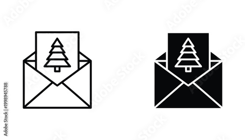 Christmas tree inside envelope icon in line art and solid black vector style for holiday correspondence designs