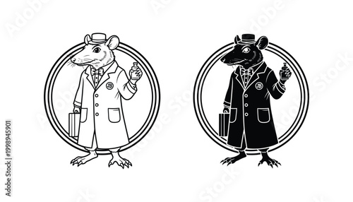 Sophisticated gentleman rat character wearing a top hat and suit holding a perfume bottle in a circular frame vector illustration for luxury brand identity and high fashion boutique logo design